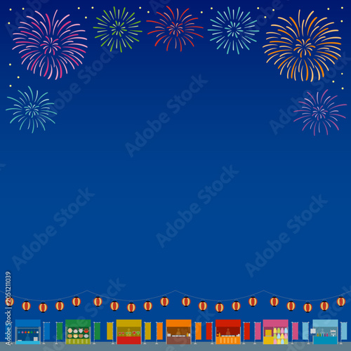 祭をイメージした花火と屋台と提灯の正方形のフレームイラスト_背景あり