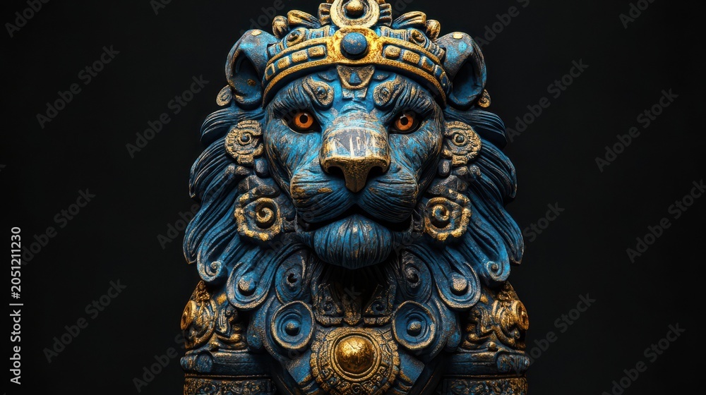 Fototapeta premium Ornate Ancient Egyptian Lion Head Sculpture with Gold and Blue Details