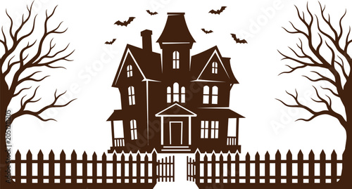 Spooky halloween day silhouette haunted house with bats and bare trees for festive decor
