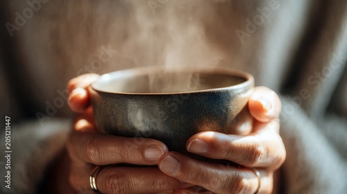 Close up of person holding a ceramic mug with steaming hot liquid while wearing a soft cozy knit sweater
