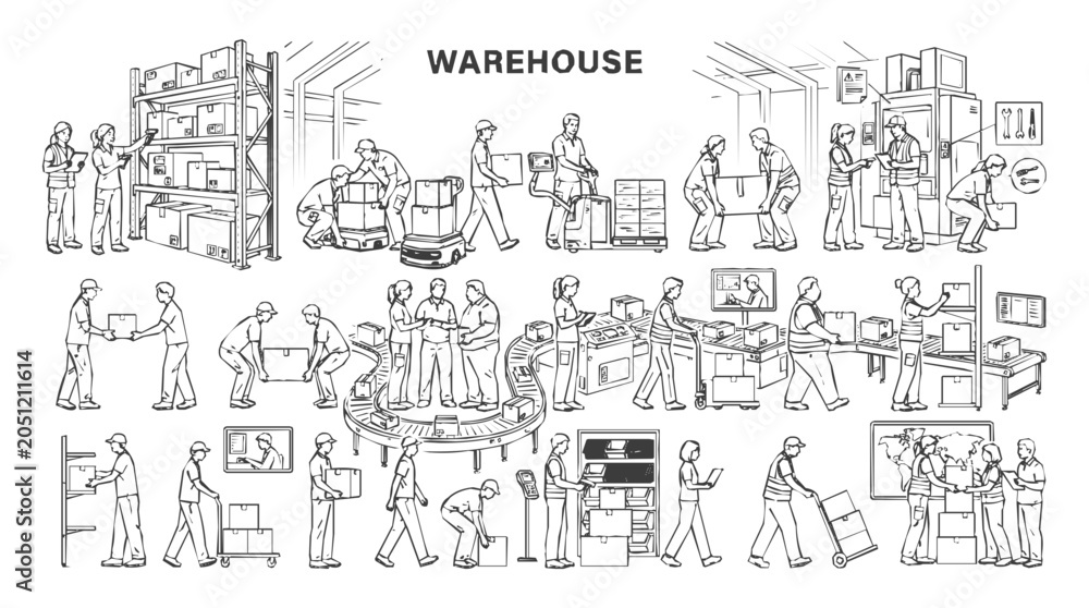 Obraz premium Packaging, delivery - Efficient Warehouse Operations: Illustrations of Teamwork, Handling, and Logistics in a Busy Warehouse Environment
