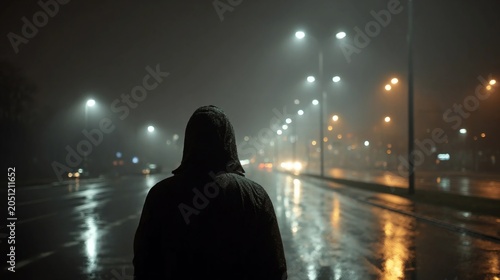 A hooded person standing on a rainy city street at night under glowing streetlights and misty atmosphere