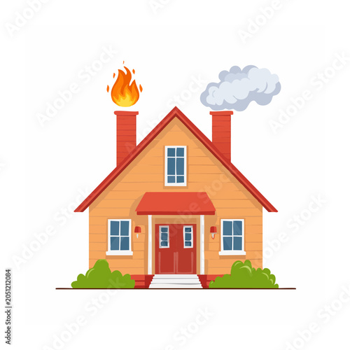 House with fire in chimney and smoke from another