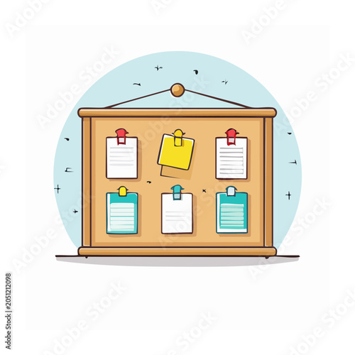 Illustration of a bulletin board with notes and clips
