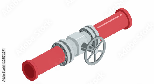 Foto Red industrial pipe with valve and flanges isometric view.