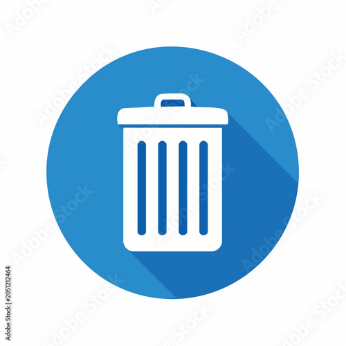 White trash can icon on blue circle with long shadow