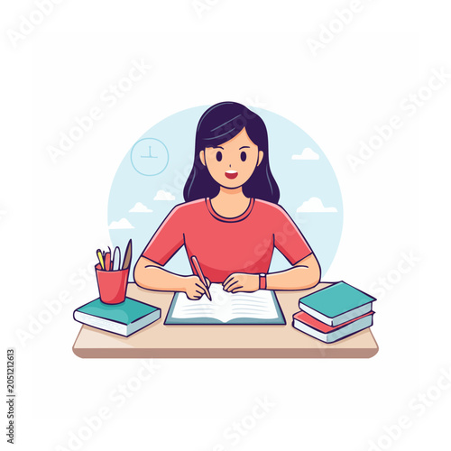Young woman studying and writing at a desk with books