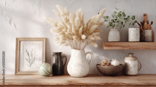 Dried grasses arranged in ceramic vessels decorate a rustic wooden surface against a textured wall background