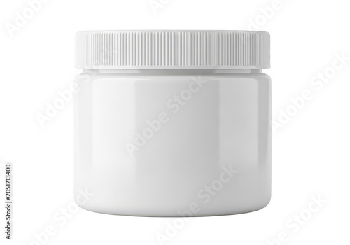 White plastic pill bottle with screw on cap isolated on white background