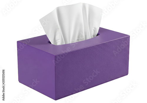 Purple tissue box with white tissues isolated on white background