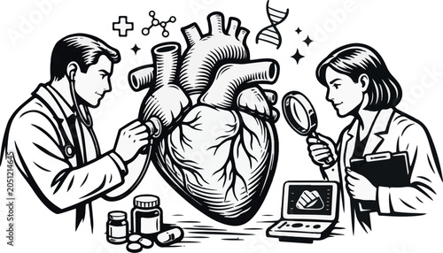 Medical Research Team Studying Human Heart Anatomy with Healthcare Technology, Cardiology Innovation and Scientific Collaboration