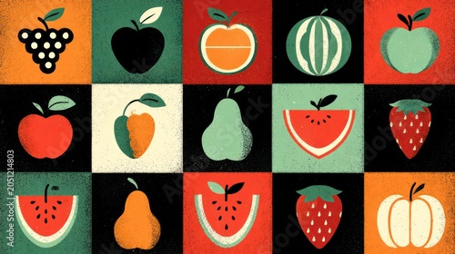 Colorful composition displaying various stylized fruits arranged in a grid pattern with noticeable texture.