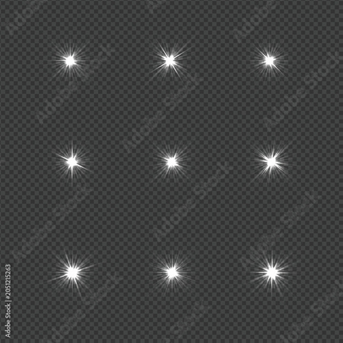 White Sparkling Starburst Light Effects Collection on Transparent Background Vector Illustration