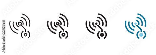 Fotografie Sensor icon with wireless frequency transmission signals and detection nodes representing smart factory proximity telemetry, digital manufacturing data tracking, and internet of things connection