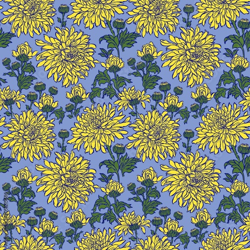 Indigo_Pattern 14/69 ,Seamless Yellow Flowers Pattern , Hand Drawn Chrysanthemum