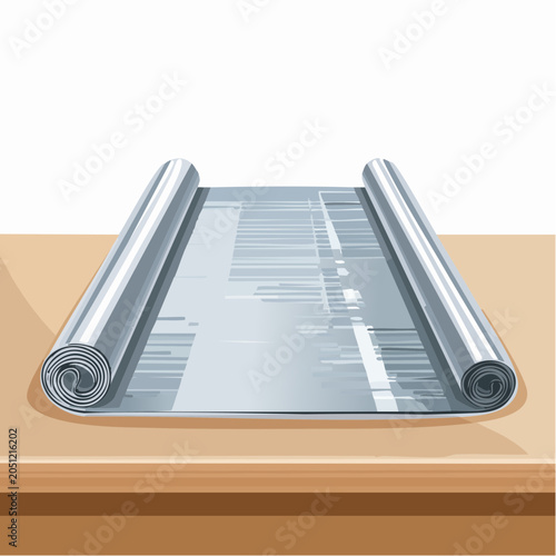 Metallic kitchen foil unrolled on a wooden table, useful for cooking, baking, and food preservation