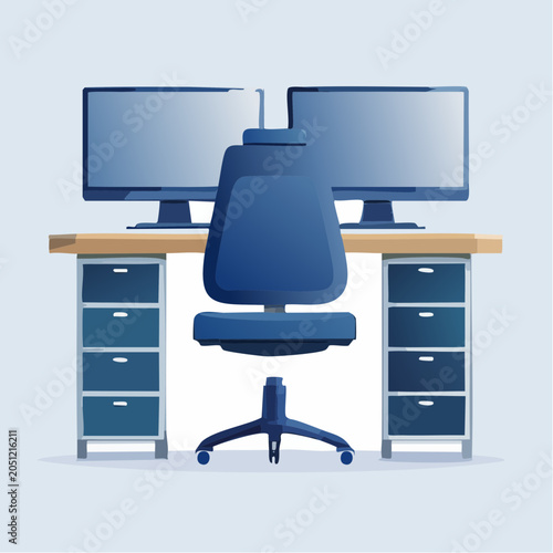 Modern office setup with dual monitors and ergonomic chair for productivity