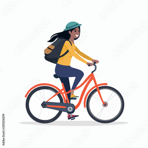 Happy woman with backpack riding a bicycle outdoors on a sunny day