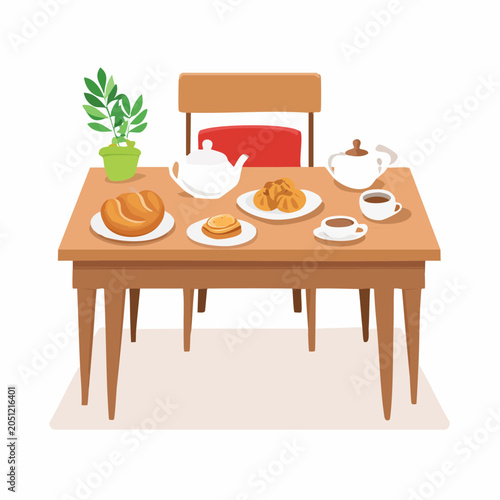 Cozy morning meal illustration with a wooden table full of delicious breakfast items, warm drinks, and a touch of greenery