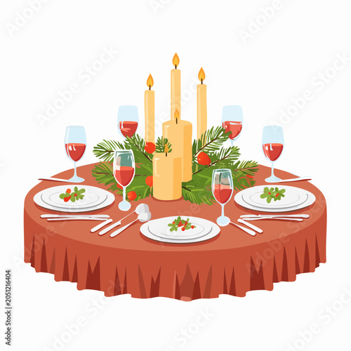 Festive Christmas dinner table setting with candles and evergreen branches