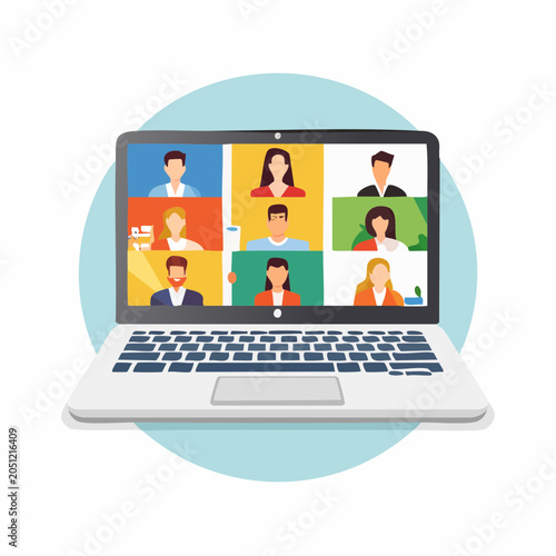Virtual Meeting with Diverse Participants on Laptop Screen for Online Business Collaboration and Remote Communication