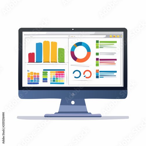 Computer displaying analytics charts and graphs, presenting data visualization