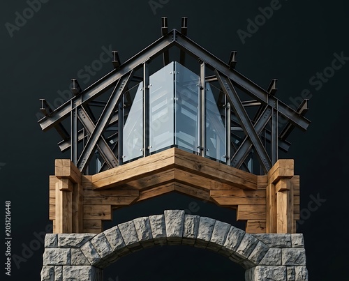 Conceptual Architectural Structure with Layers of Stone Wood and Steel