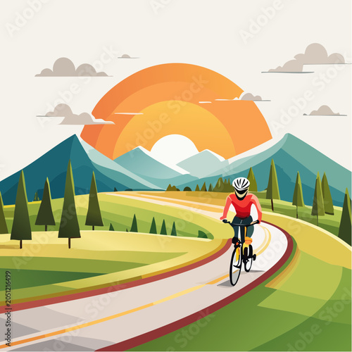Scenic cycling adventure through rolling hills and majestic mountains under a vibrant, colorful sunset sky
