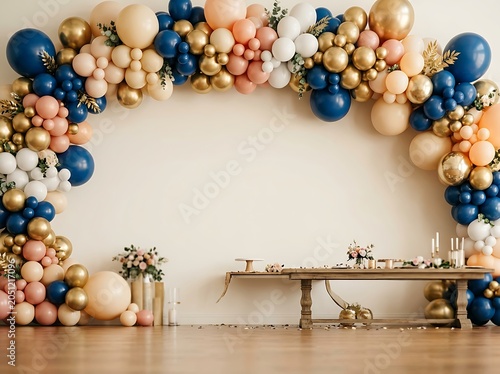 Elegant Balloon Arch Backdrop with Navy Blue Gold and Peach Balloons