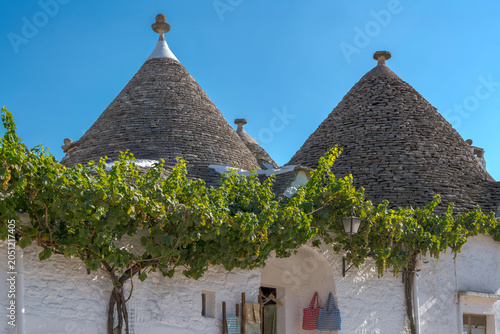 Traditional whitewashed trulli houses with conical stone roofs in Alberobello, Puglia, Southern Italy, framed by green grapevine leaves under a clear blue sky