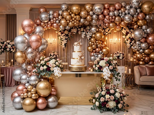 Elegant Celebration Setup with Three Tier Cake and Luxury Balloon Garland Decorations