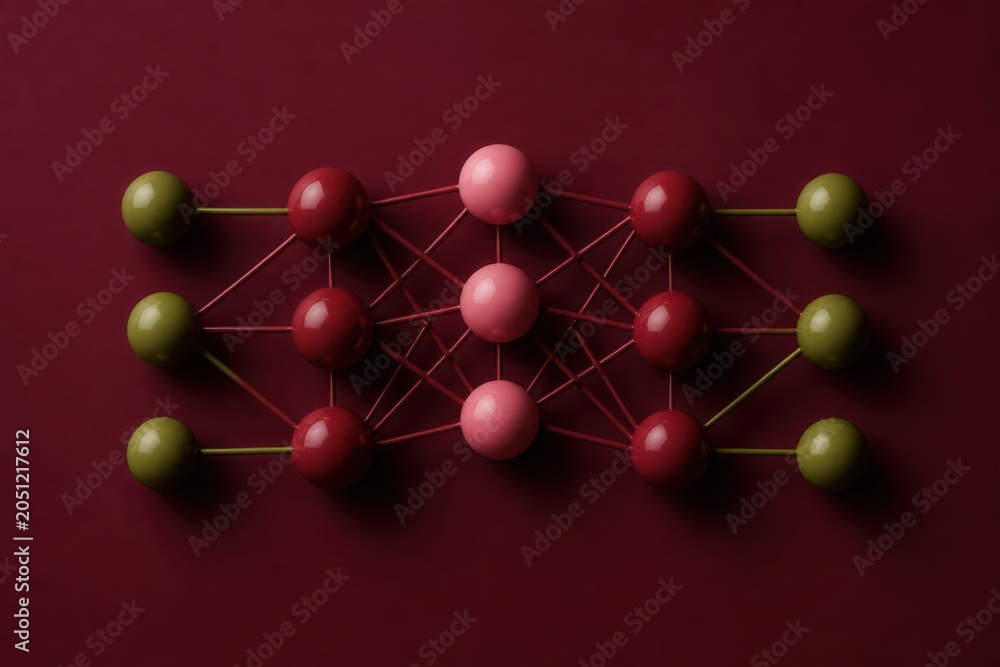 Obraz premium Abstract molecular structure model on dark red background for science and technology concepts