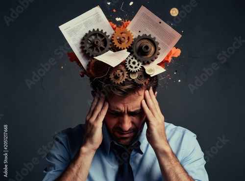 Man with gears and papers exploding from head. He looks stressed and tired holding temples. Business concept of overwork mental breakdown and crisis.