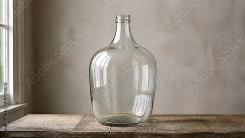 Large glass carboy on rustic wood table, home brewing storage concept.