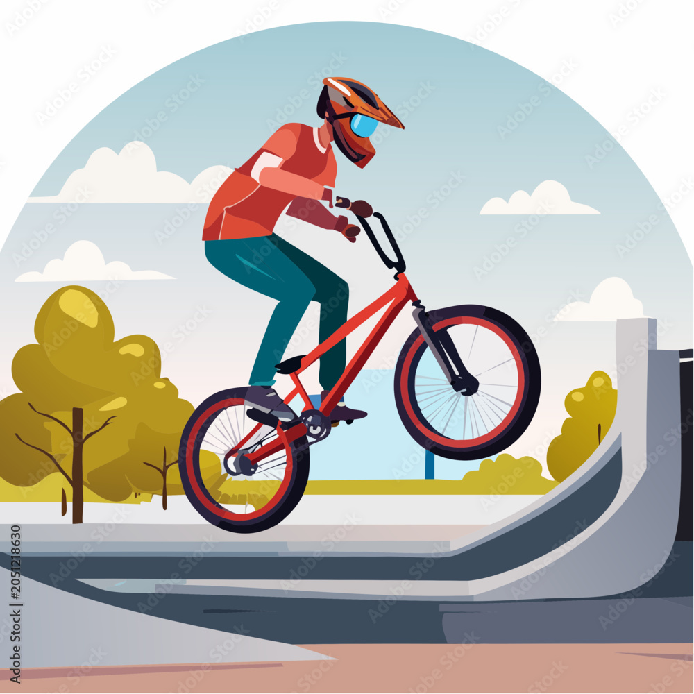 Naklejka premium Excited BMX rider performing a trick on a ramp in a skatepark outdoor setting