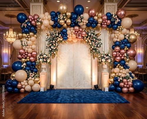 Elegant Navy Blue and Gold Balloon Arch Backdrop with Floral Accents