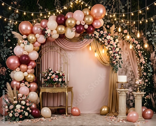 Elegant Party Backdrop with Rose Gold Balloons and Floral Arch