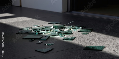 Scattered broken glass shards lie on a dark floor illuminated by sunlight. Sharp fragments create a hazardous mess indoors. Danger and damage are evident from the shattered material.