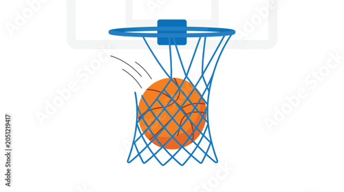 Orange basketball passing through blue net and hoop flat illustration on white background
