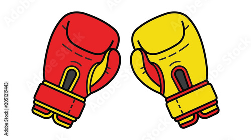 Vibrant red and yellow cartoon boxing gloves facing each other on a clean white background vector illustration