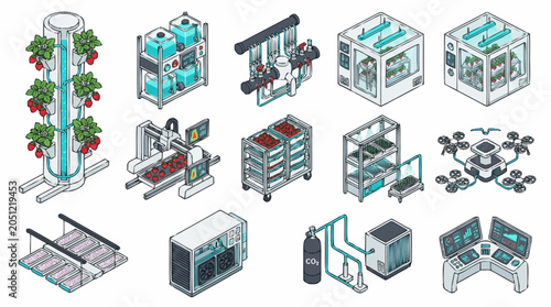 Foto Modern hydroponic farming equipment and systems isometric icons.