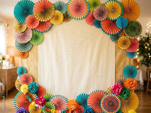 Festive Colorful Paper Fan Backdrop for Celebrations and Party Photos