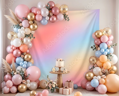Festive Party Decoration with Pastel Balloon Arch and Rainbow Gradient Backdrop