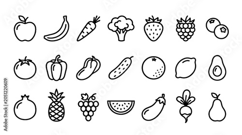 Outline fruit and vegetable icon set in simple line style