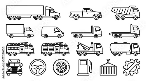 Commercial truck and transport vehicle outline icon set