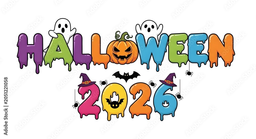 Fototapeta premium Halloween 2026 colorful dripping text with ghosts and pumpkin