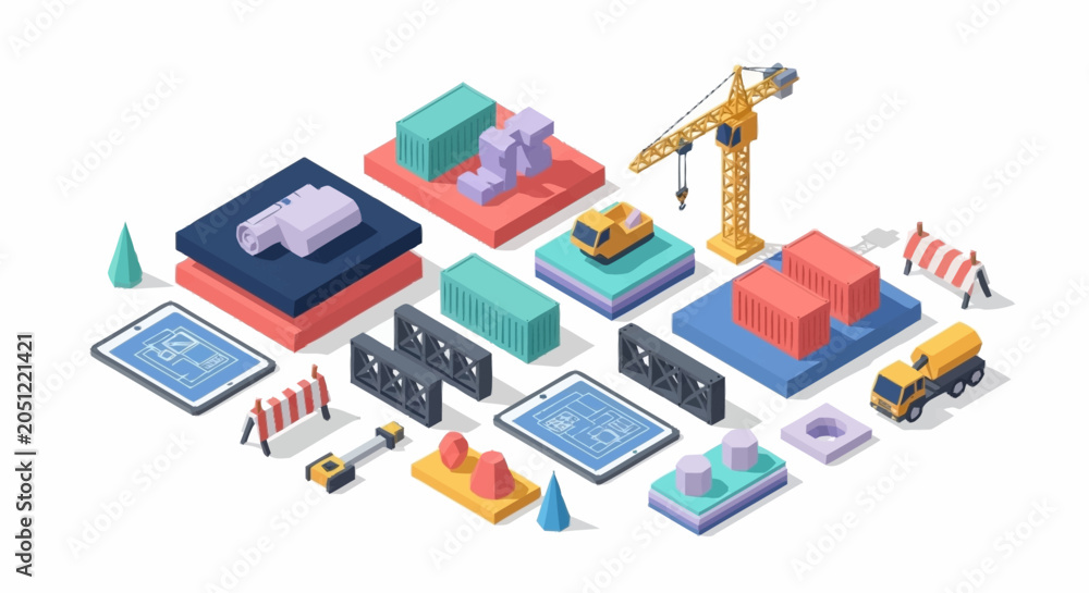 Fototapeta premium Isometric illustration of construction elements, including buildings, cranes, trucks, and blueprints, representing urban development and planning.