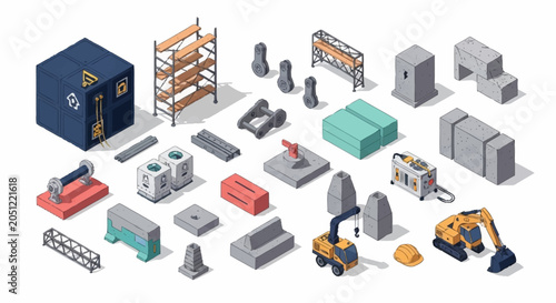 Isometric construction elements and equipment, including a crane, excavator, scaffolding, and building blocks, presented on a white background.