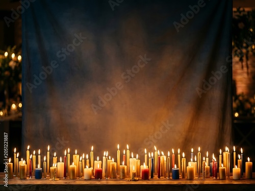 Many burning candles of various colors and sizes on a wooden surface