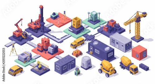 Isometric illustration of construction site elements, machinery, and modular buildings, representing industry and development.